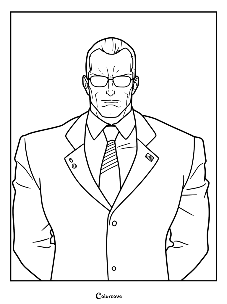 A detailed line art coloring page of Vice President Baines from Devil May Cry, wearing a formal suit, tie, and glasses with a stern expression.