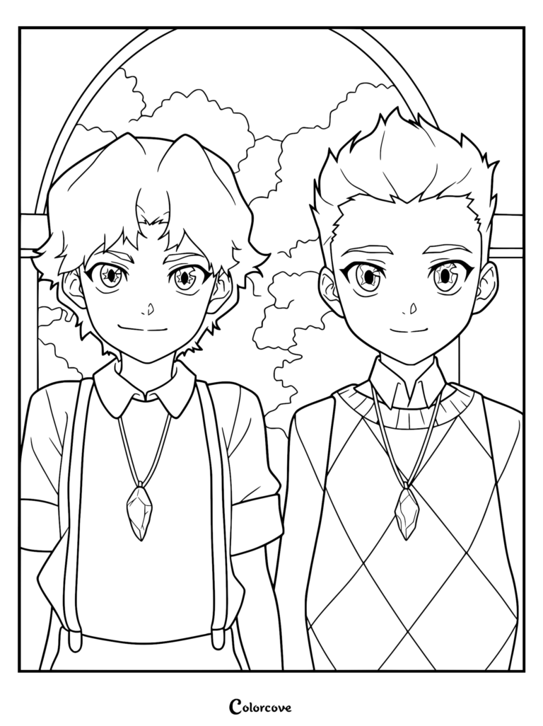 A printable coloring page featuring young Dante and Vergil standing side-by-side, both wearing matching crystal pendants against an arched window background.