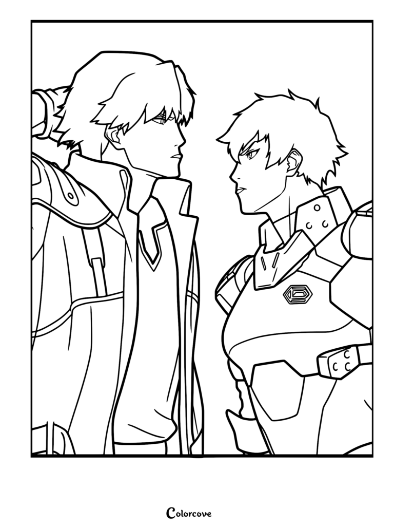 Printable line art coloring page featuring Dante and Lady from Devil May Cry staring each other down in a tense confrontation.