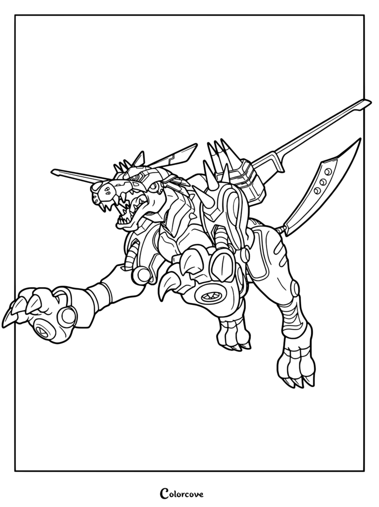 Página para colorear de MetalGarurumon de Digimon saltando hacia adelante con las garras extendidas y lanzamisiles en la espalda.