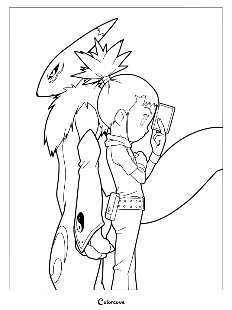 Página para colorear de Rika Nonaka y Renamon de Digimon Tamers, con los personajes de espaldas mientras Rika sostiene una carta.