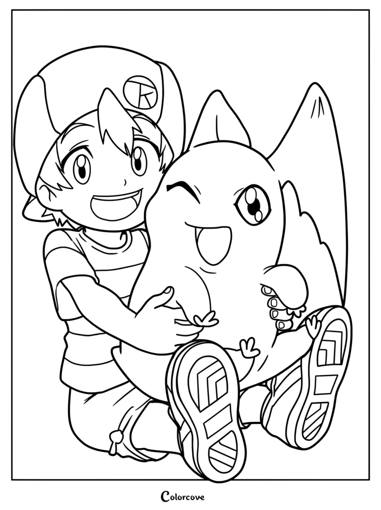 Página para colorear de Digimon con T.K. Takaishi abrazando a su compañero Patamon, de Digimon Adventure.