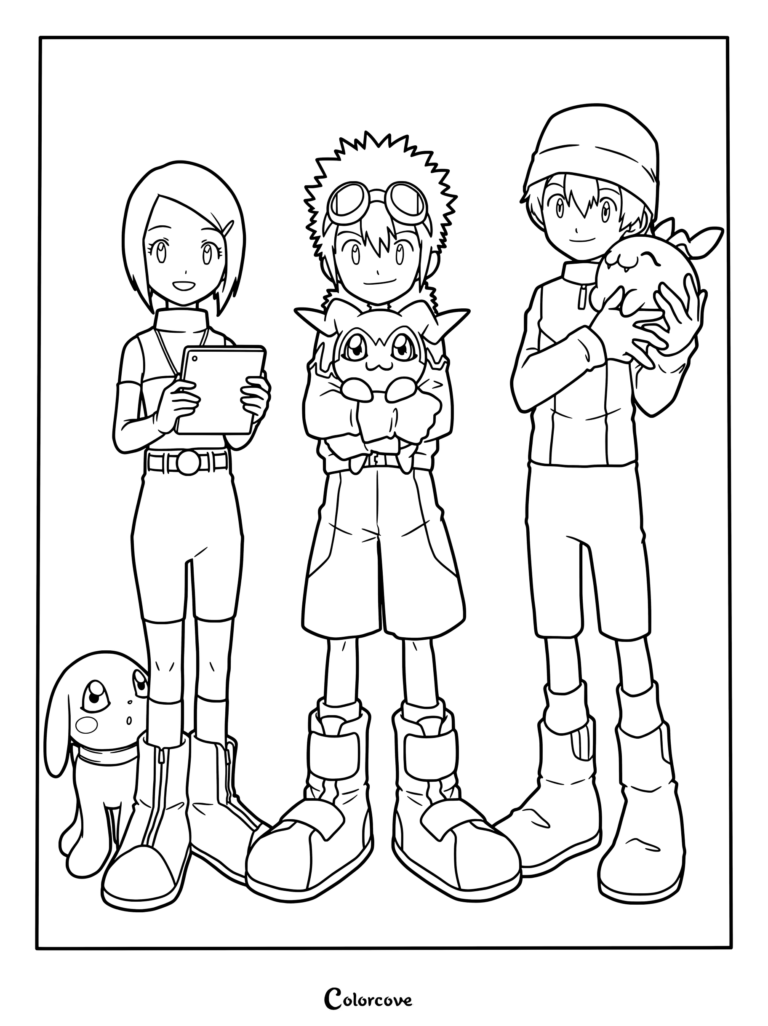 Página para colorear de Digimon Adventure 02 con Kari Kamiya junto a Salamon, Davis Motomiya sosteniendo a Demiveemon y T.K.