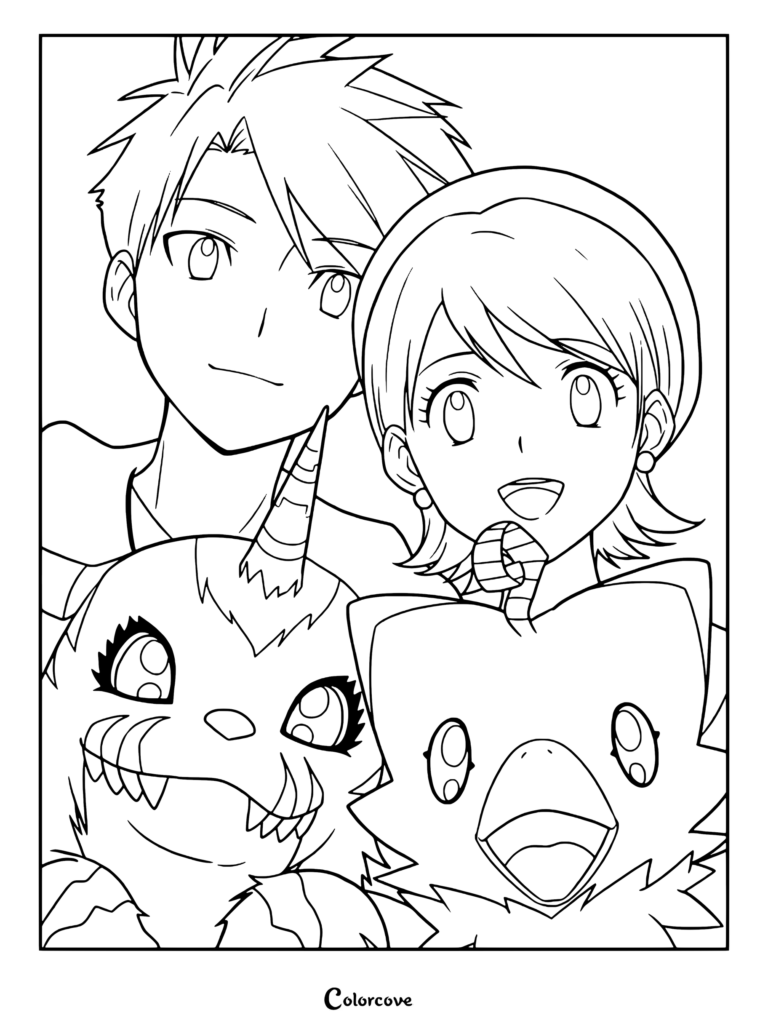 Página para colorear de Matt Ishida y Sora Takenouchi con sus compañeros Digimon, Gabumon y Biyomon, de la serie Digimon Adventure.