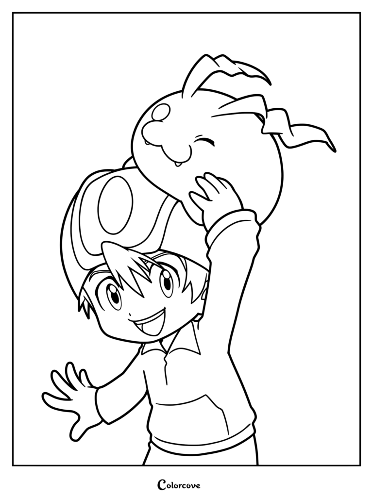 Página para colorear de Digimon con T.K. Takaishi sosteniendo a Tokomon en su cabeza, de Digimon Adventure.
