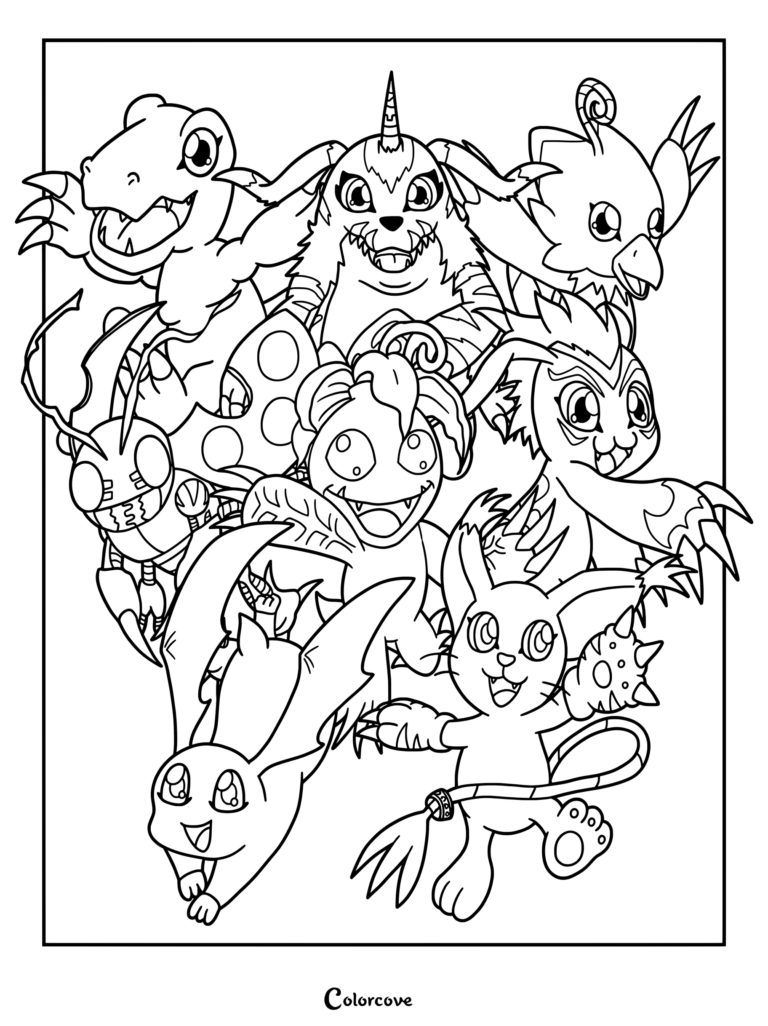 Página para colorear de Digimon con los ocho personajes compañeros originales reunidos: Agumon, Gabumon, Biyomon, Tentomon, Palmon, Gomamon, Patamon y Gatomon.