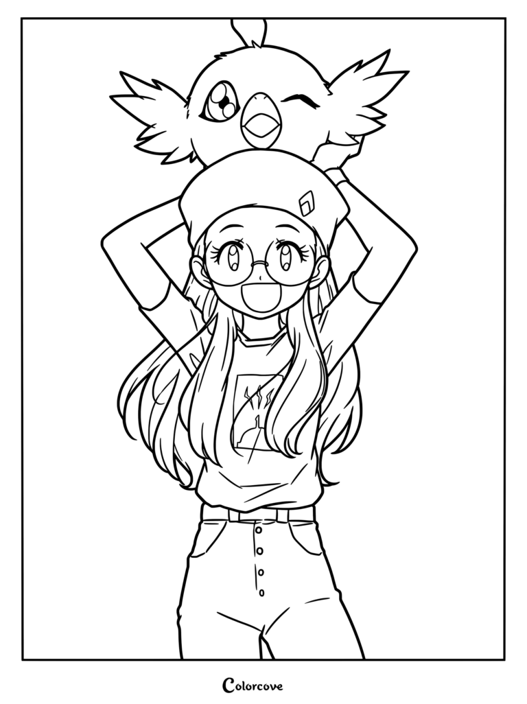 Página para colorear de Digimon con Yolei Inoue sosteniendo a Puroromon en su cabeza, usando sus características gafas y gorra.