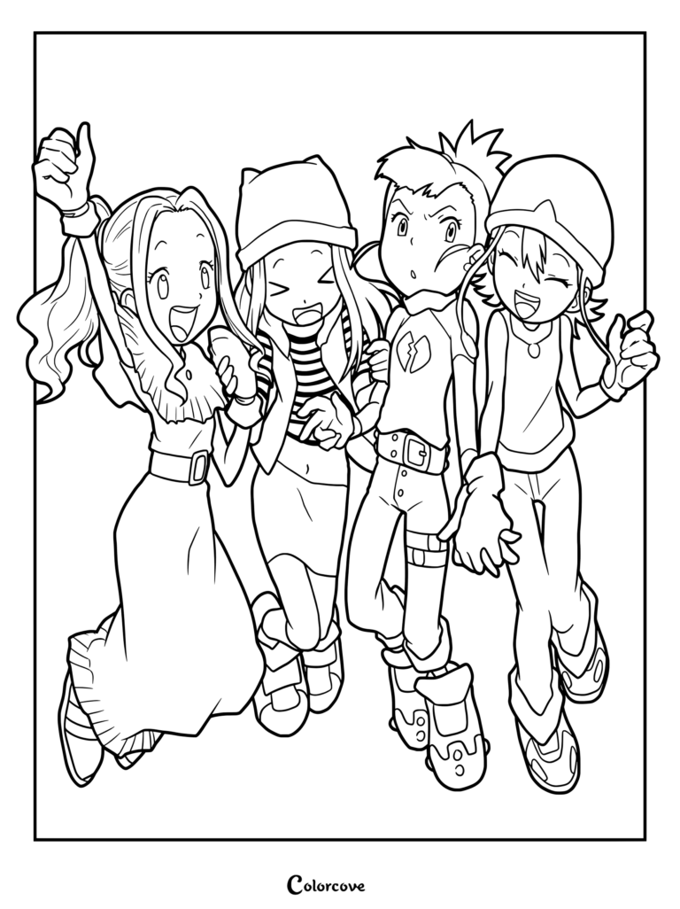 Página para colorear de Digimon con Mimi Tachikawa, Rika Nonaka, Sora Takenouchi y Zoe Orimoto.
