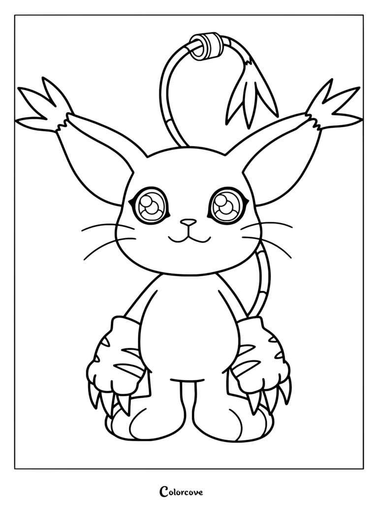 Página para colorear de Gatomon de Digimon con la criatura felina de orejas grandes, guantes con garras y su Anillo Sagrado en la cola.