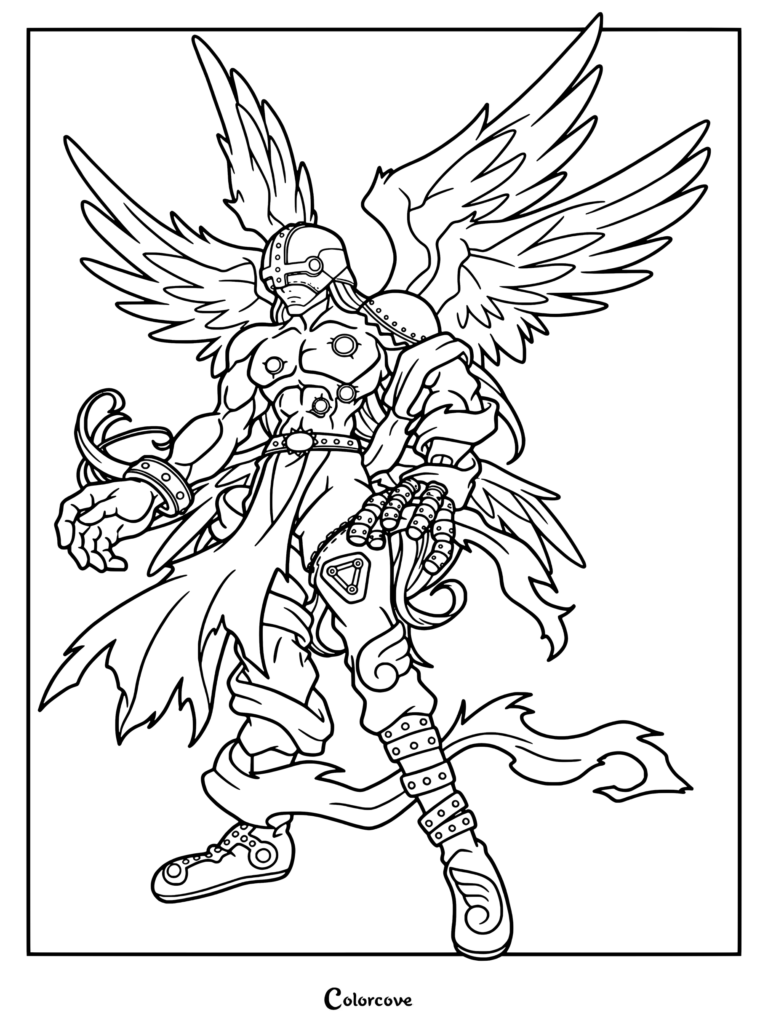Página para colorear de Angemon de Digimon, con el personaje angelical con grandes alas y armadura.