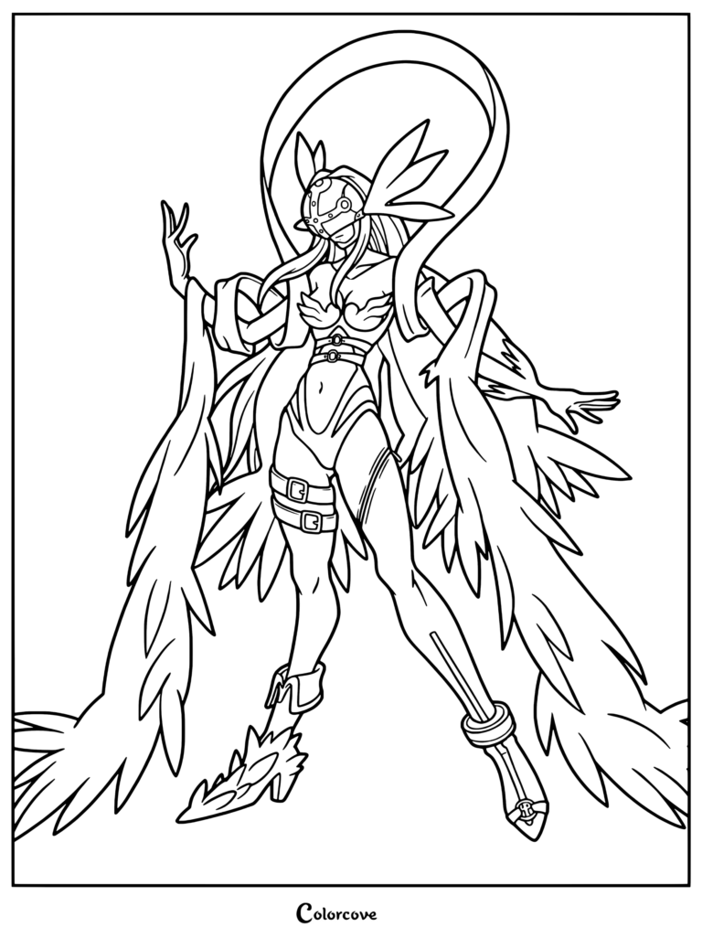 Página para colorear detallada de Angewomon con la personaje de Digimon con grandes alas emplumadas, halo y luciendo una máscara y un atuendo con hebillas.