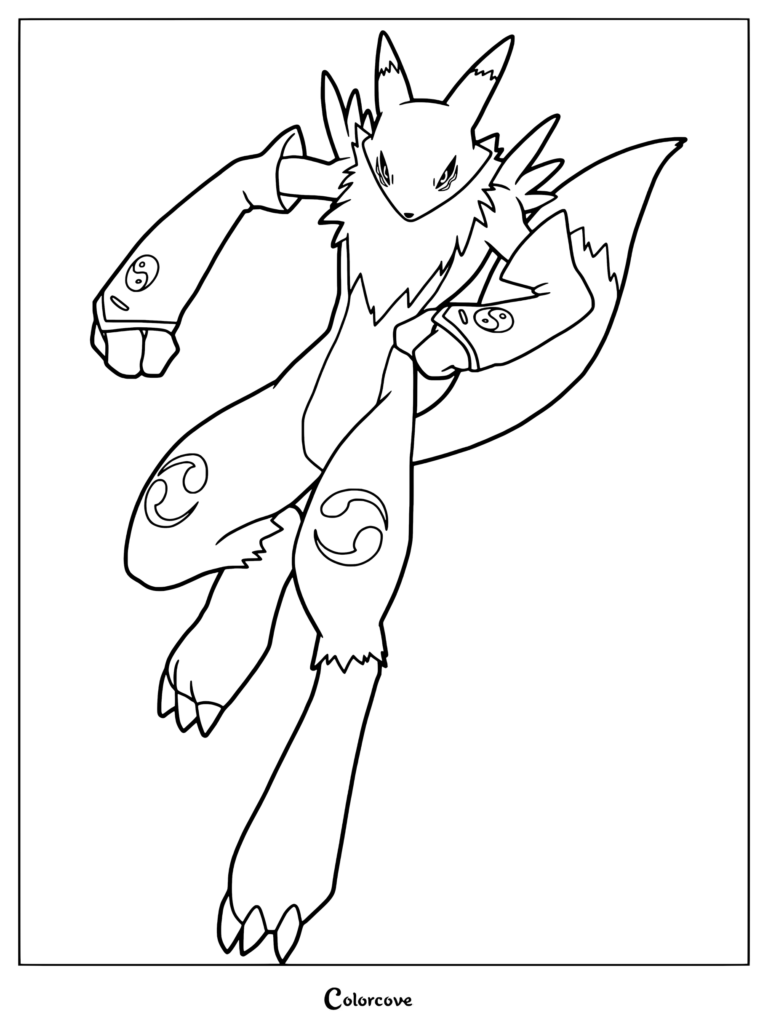Página para colorear de Renamon de Digimon en una dinámica pose de combate con sus características mangas y marcas.
