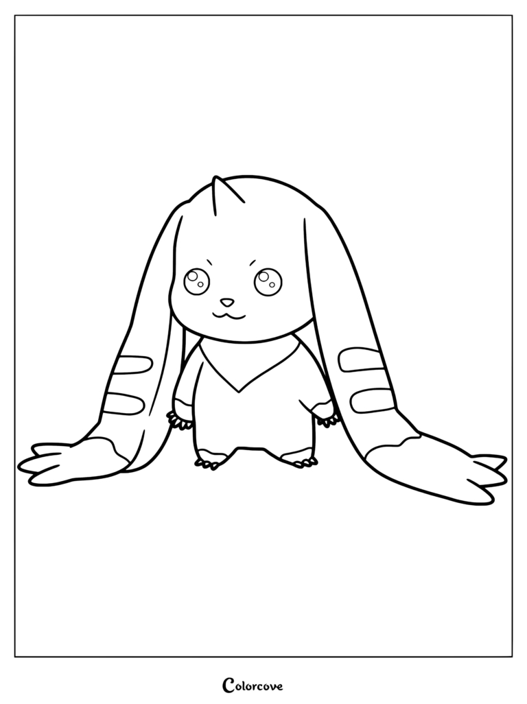 Página para colorear de Terriermon de Digimon con la criatura de largas orejas de pie con los brazos extendidos.