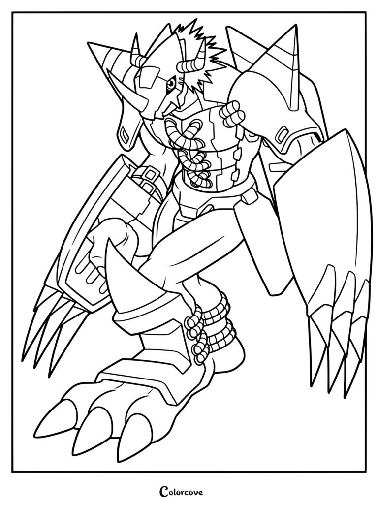 Página para colorear de BlackWarGreymon con el poderoso Digimon en su icónica postura acorazada.