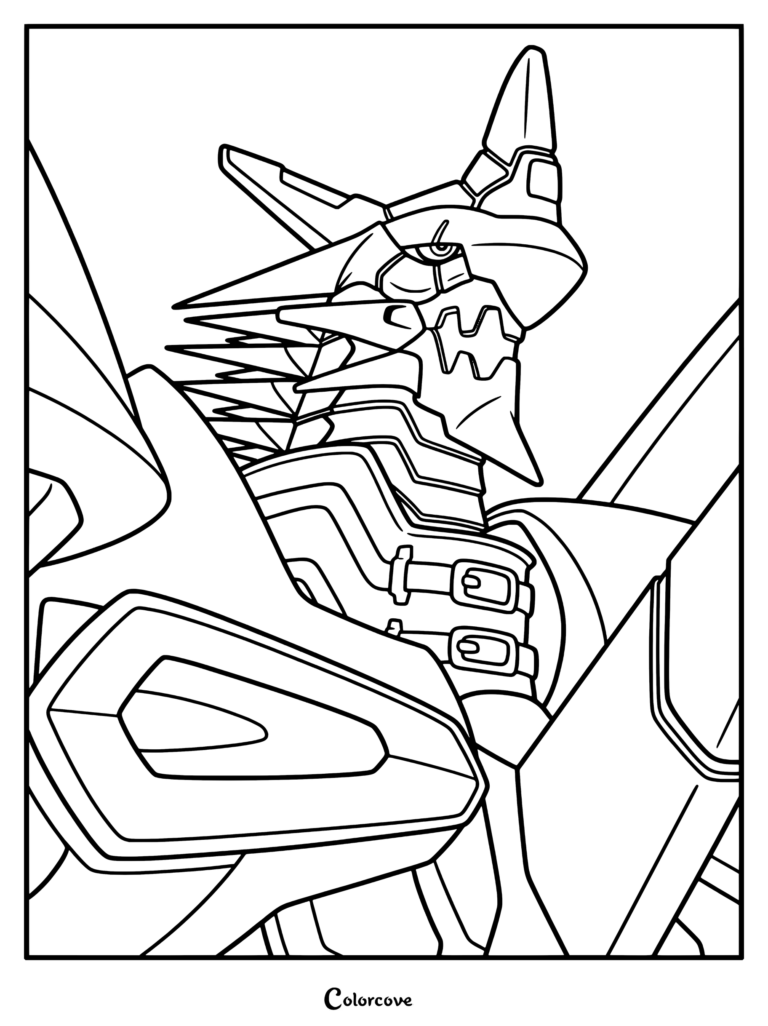 Página para colorear en primer plano de Jesmon de Digimon que muestra su detallada armadura robótica y el diseño de su cabeza con cuernos.