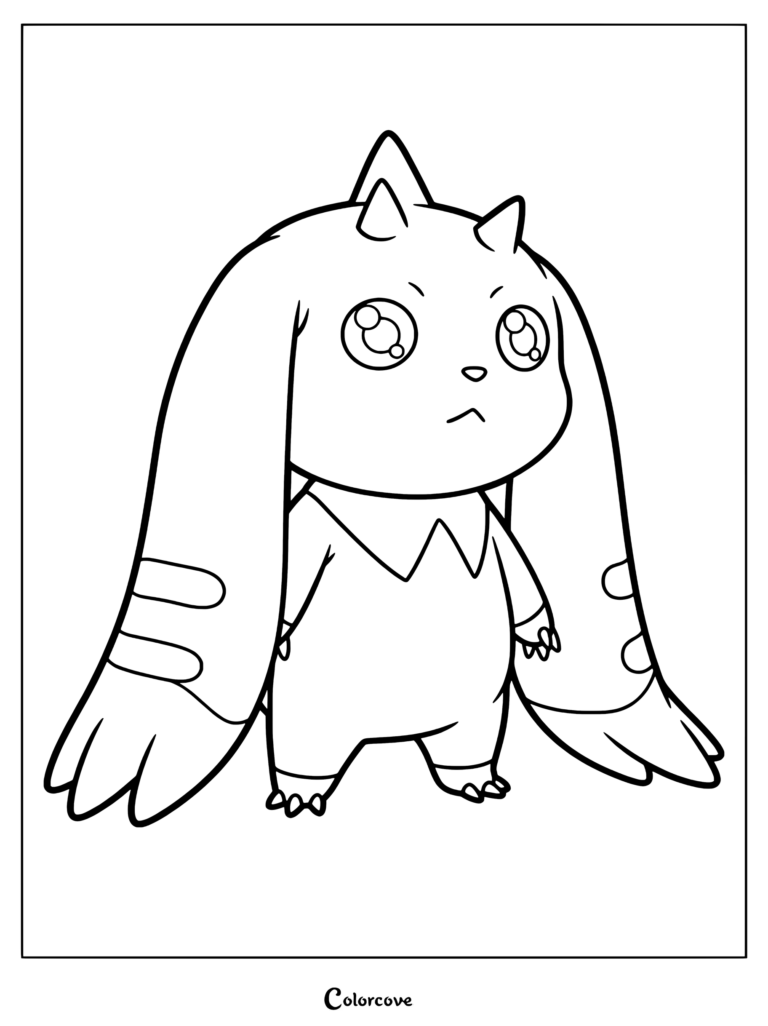 Página para colorear de Lopmon con el personaje Digimon de pie mostrando sus largas orejas y cuernos.