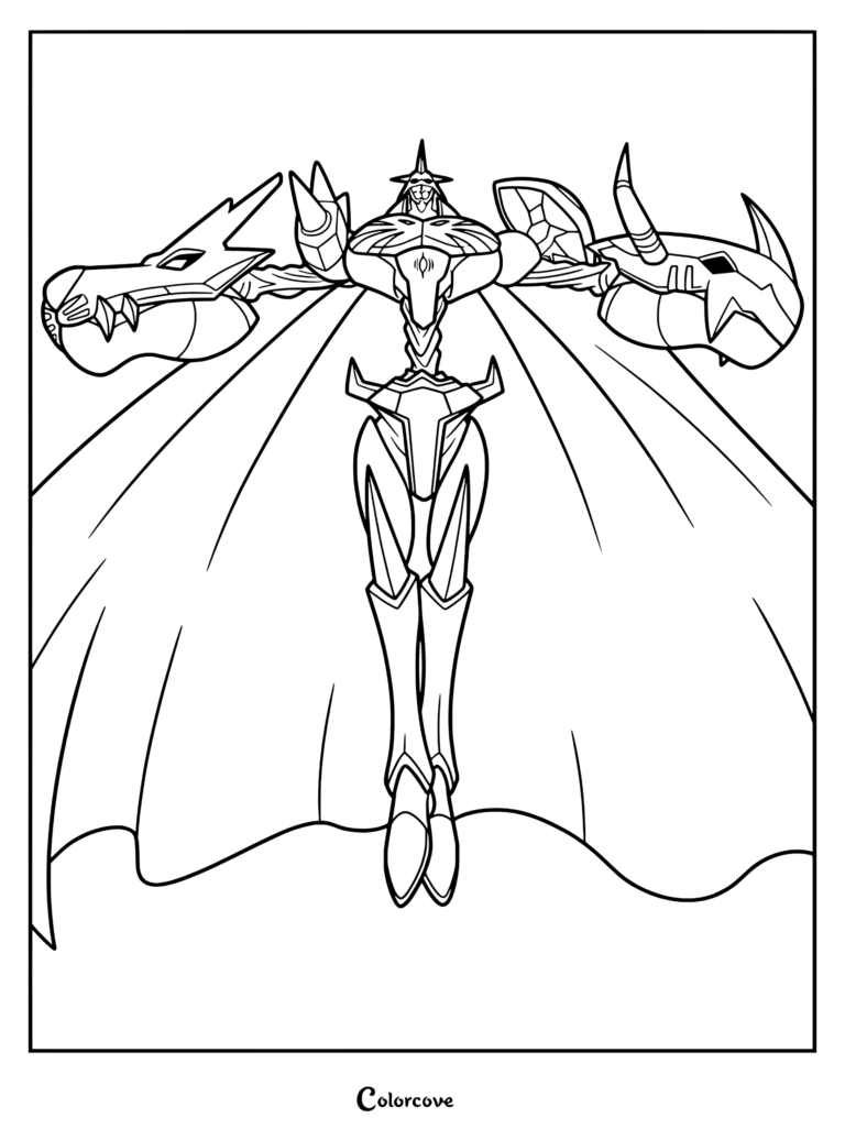 Página para colorear de Omnimon con la poderosa fusión Digimon en una postura épica de batalla con una capa al viento.