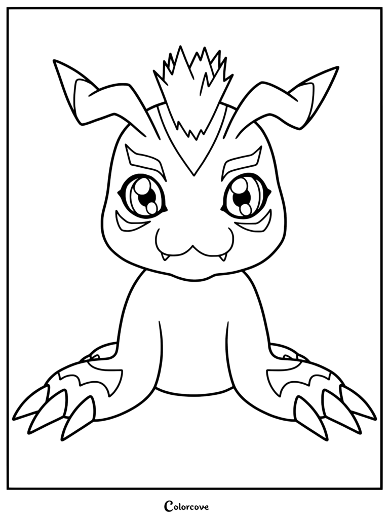 Página para colorear de Gomamon de Digimon con la tierna criatura sentada con las patas extendidas.