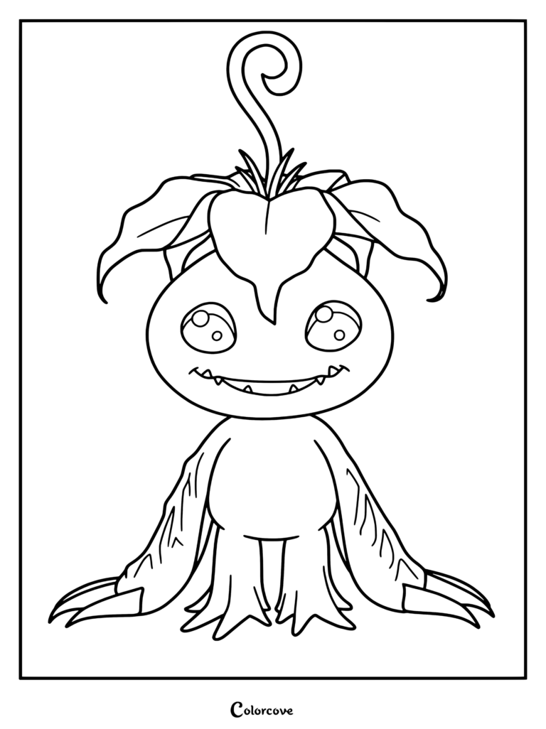 Página para colorear imprimible de Palmon de Digimon, destacando su cabeza en forma de flor, brazos de enredadera y expresión sonriente.