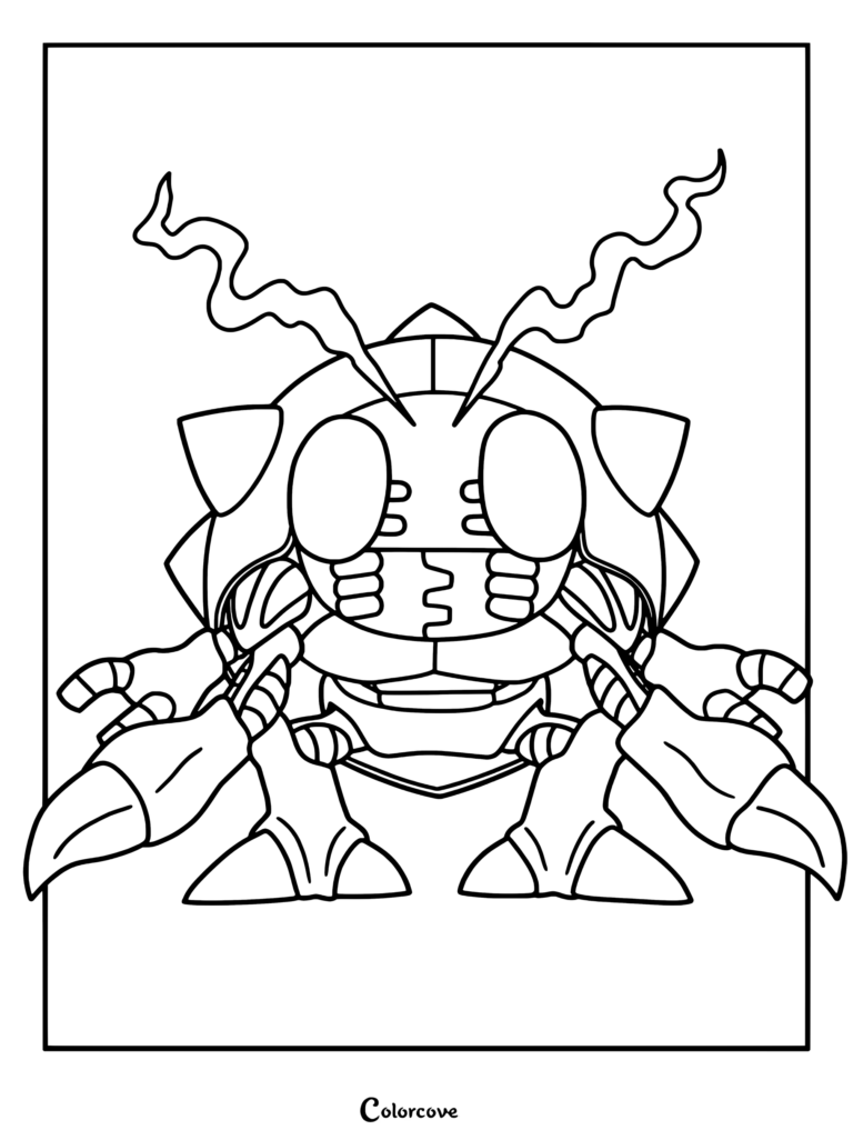 Página para colorear imprimible de Tentomon de Digimon, mostrando al Digimon tipo escarabajo con sus grandes ojos, antenas y garras.