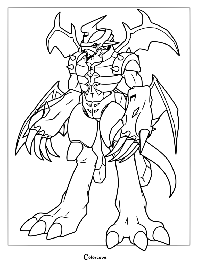 Página para colorear de Paildramon con el Digimon acorazado con alas y garras afiladas.