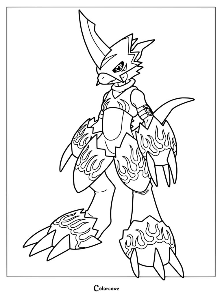 Página para colorear detallada de Flamedramon de Digimon de pie en postura de combate con detalles de su armadura de fuego.