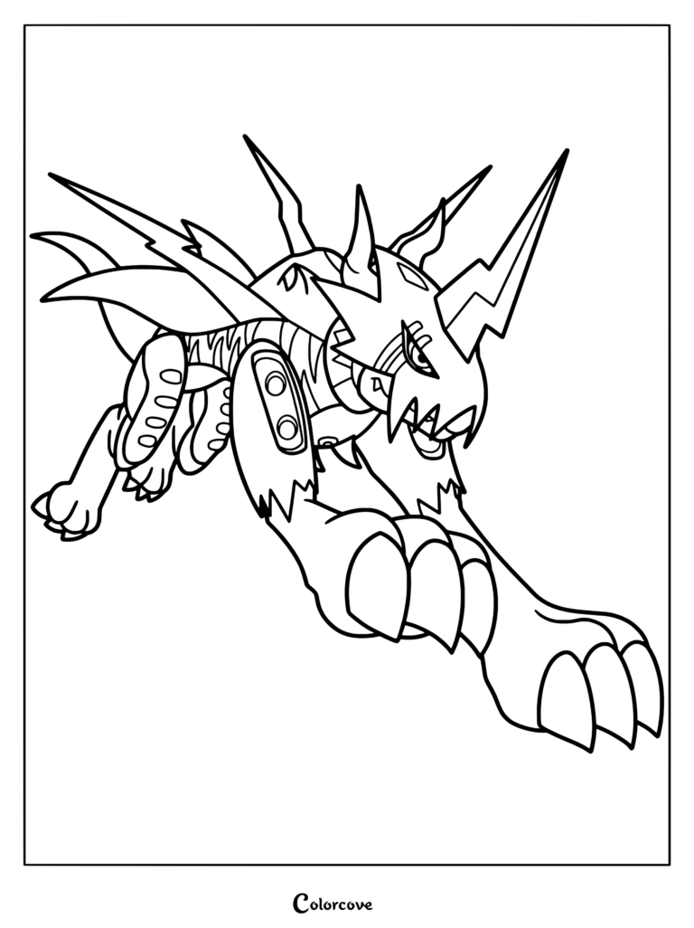 Página para colorear de Raidramon con el personaje de Digimon embistiendo hacia adelante con rayos en su cuerno y espalda.