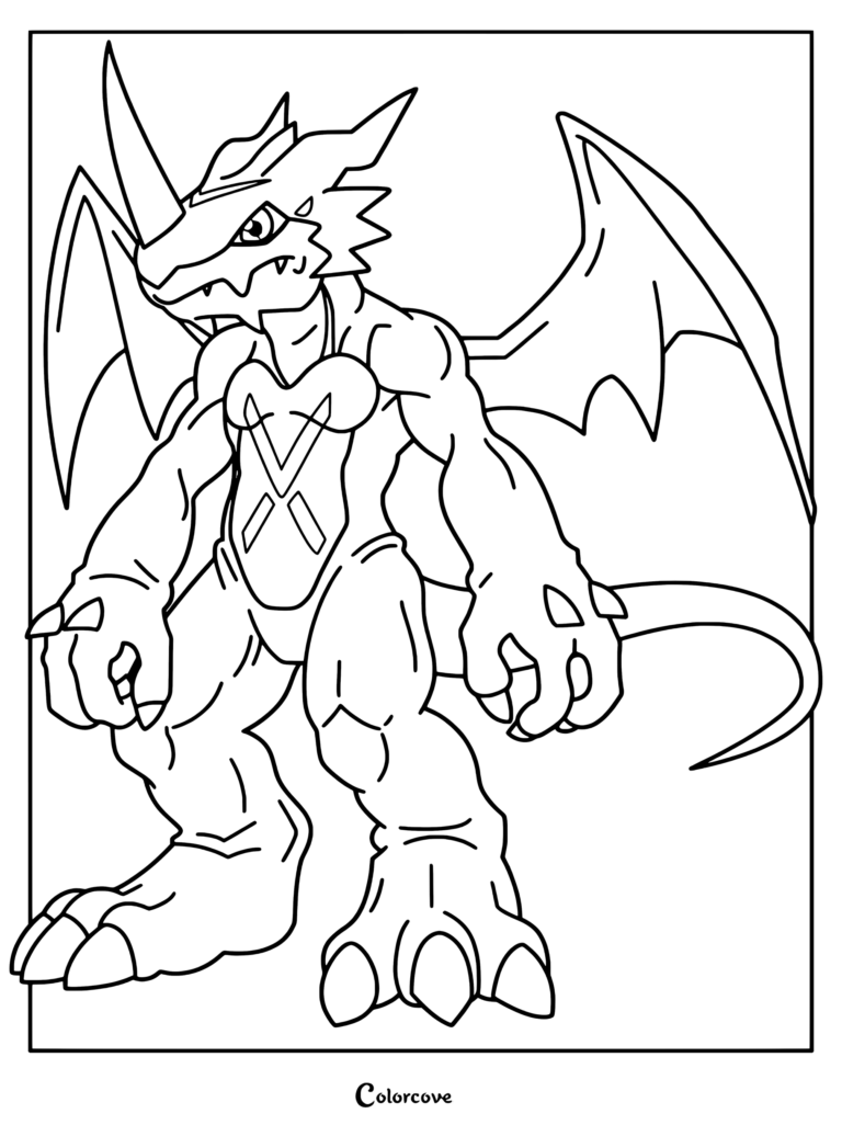 Página para colorear de ExVeemon de Digimon, con el poderoso Digimon reptil con grandes alas y un cuerno.