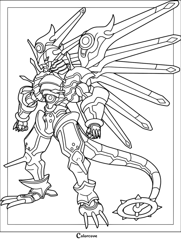 Página para colorear de ShineGreymon con el personaje de Digimon acorazado con múltiples alas con forma de espada y una cola con púas.