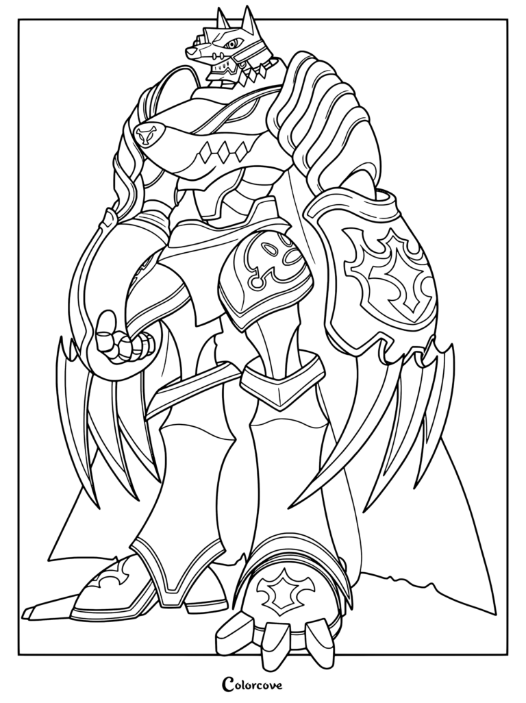 Página para colorear de MirageGaogamon con el poderoso Digimon acorazado en una postura dinámica de pie con guanteletes con garras.