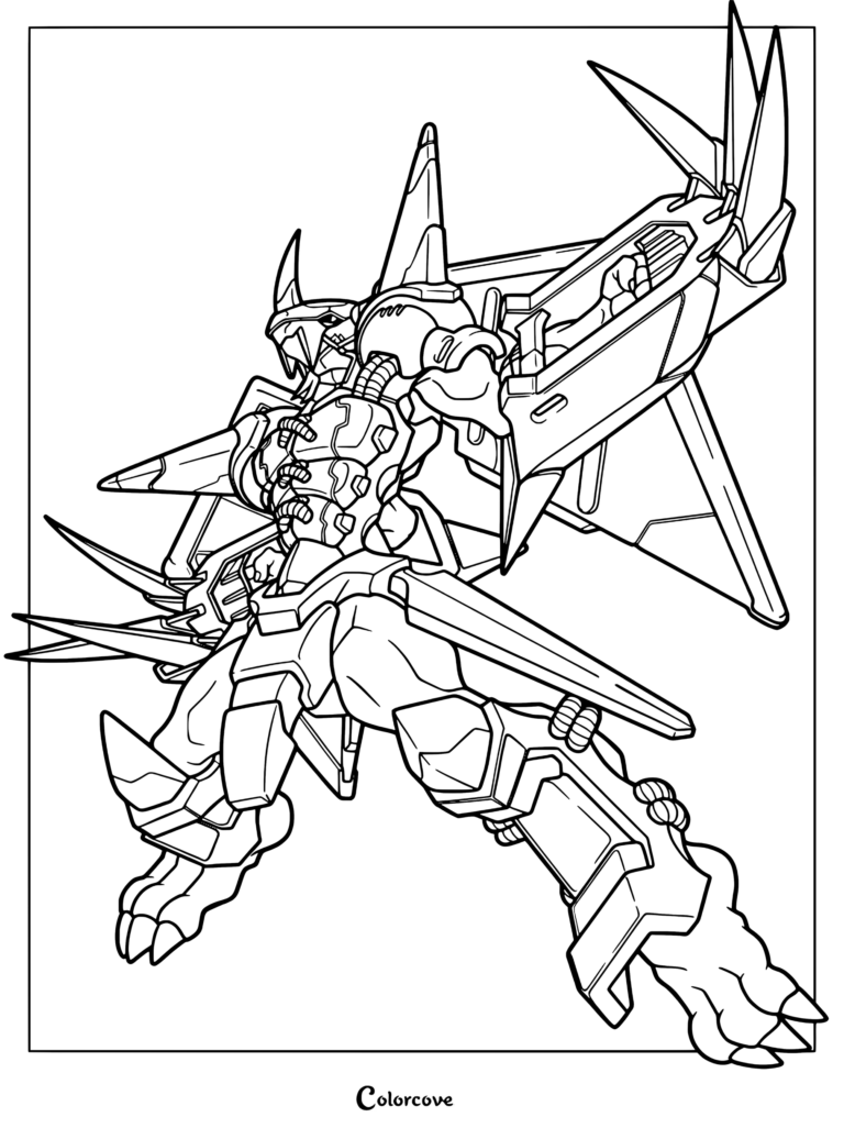 Página para colorear de WarGreymon con el Digimon acorazado en postura de acción con alas de escudo acorazadas.