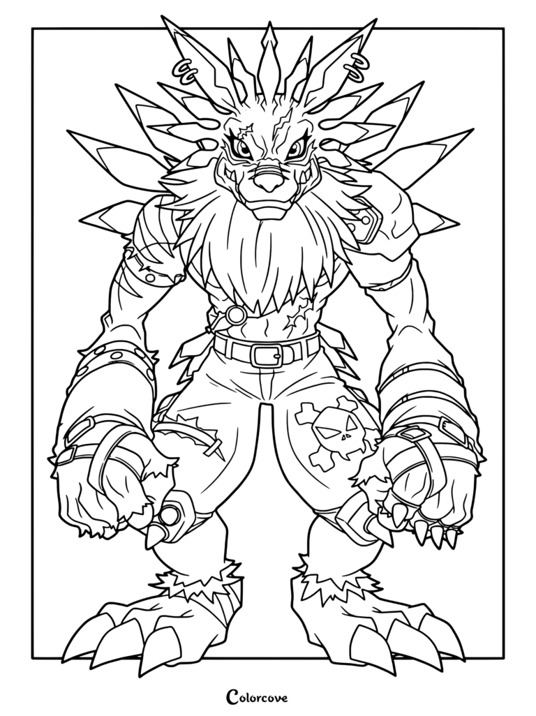 Página para colorear de WereGarurumon con el personaje Digimon de pelaje puntiagudo, pantalones rasgados y brazaletes con púas en una dinámica pose frontal.