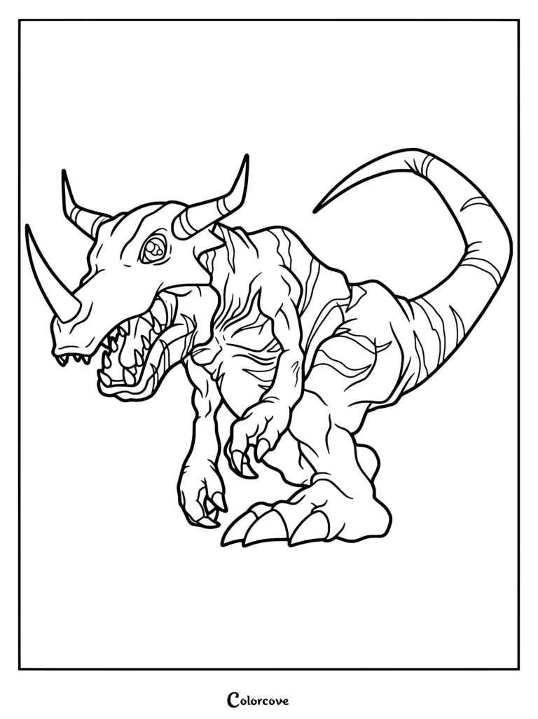 Detallada página para colorear de Greymon con la criatura similar a un dinosaurio con cuernos y una gran cola.
