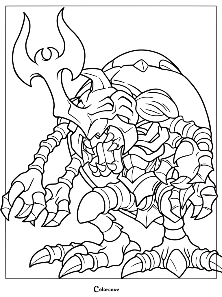 Página para colorear de MegaKabuterimon mostrando al Digimon insectoide con su enorme cuerno y caparazón blindado.