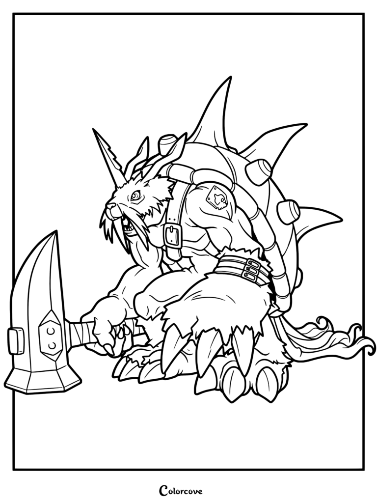 Página para colorear de Zudomon de Digimon con la criatura acorazada sosteniendo un martillo gigante.