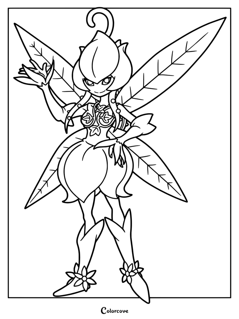 Página para colorear de Lillymon con el personaje Digimon de alas en forma de hoja y vestido floral.