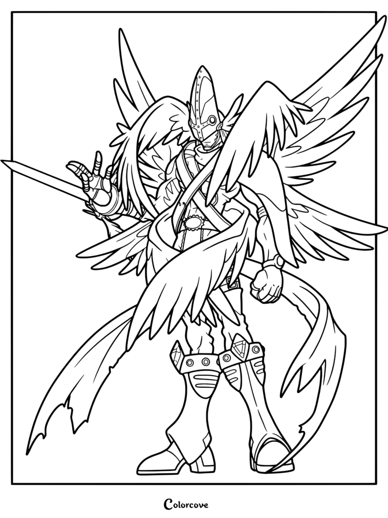 Página para colorear de MagnaAngemon con el Digimon alado con armadura empuñando una espada.
