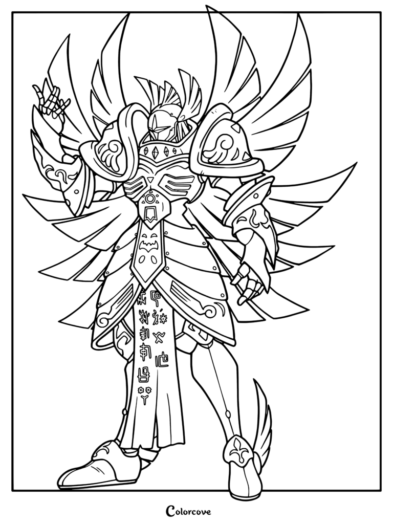 Página para colorear de Seraphimon con el Digimon celestial con armadura completa y las alas extendidas.