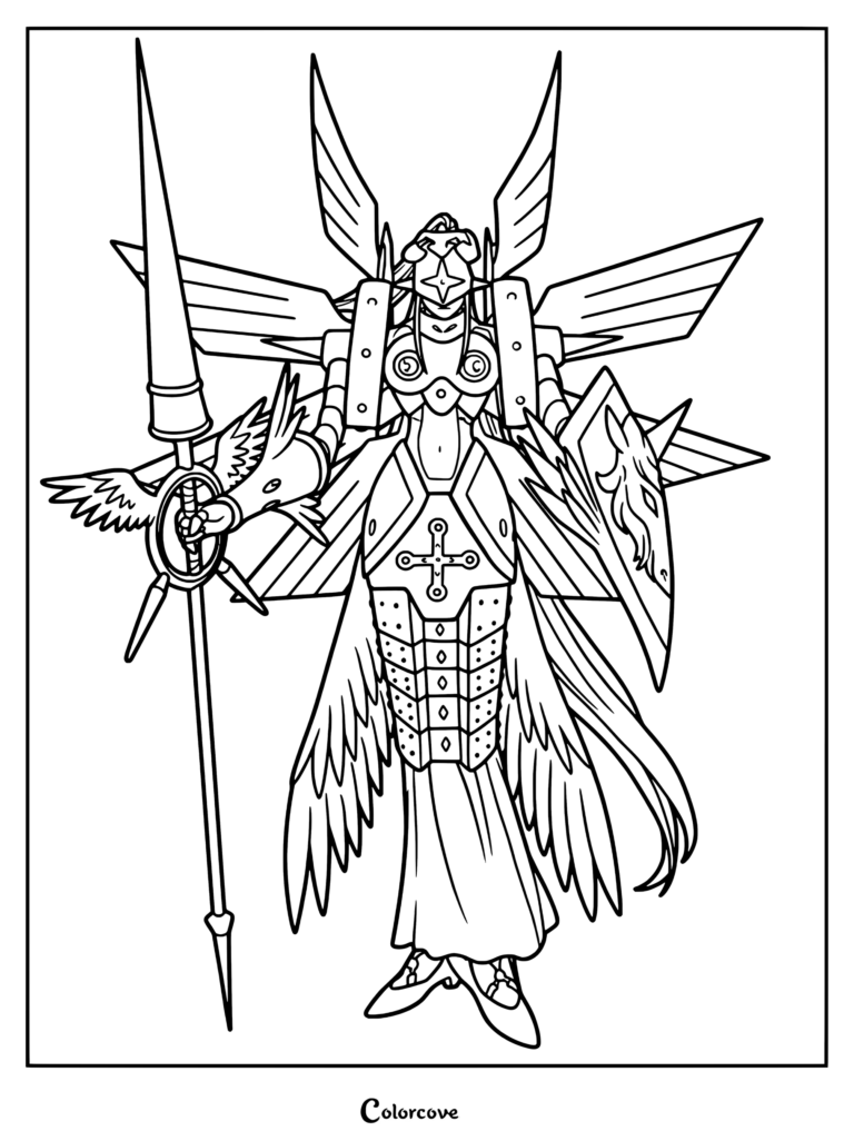 Página para colorear detallada de Ophanimon de Digimon, que muestra su intrincada armadura, alas, lanza y escudo.