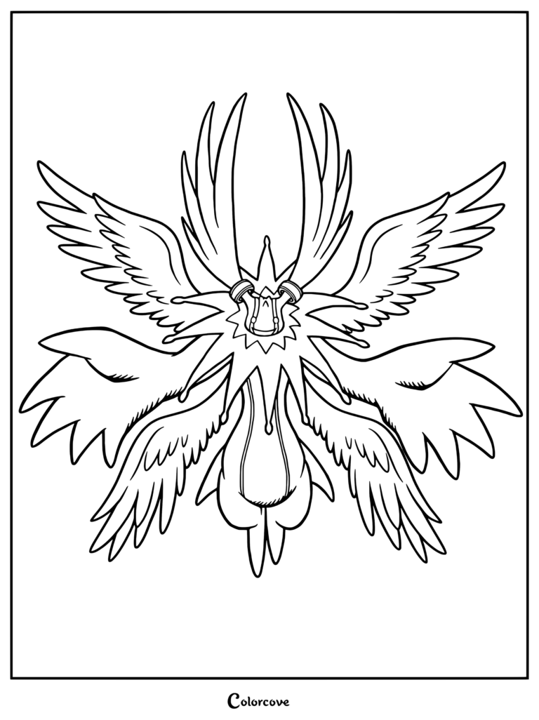 Página para colorear de Cherubimon con el personaje de Digimon con múltiples pares de alas.