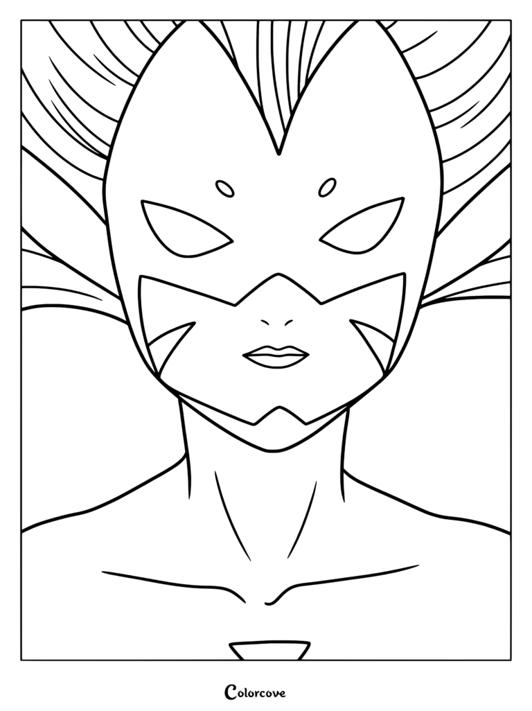 Página para colorear en primer plano de Sakuyamon de Digimon, con detalles de su máscara, mechones de cabello y hombros en contornos en blanco y negro.