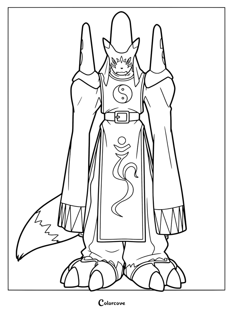 Página para colorear de Taomon luciendo largas mangas fluidas, un alto tocado cónico y símbolos místicos en sus túnicas.