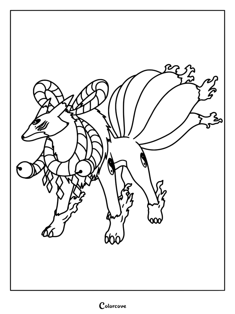 Página para colorear del Digimon Kyubimon mostrando al zorro de nueve colas con adorno de cuerda trenzada.