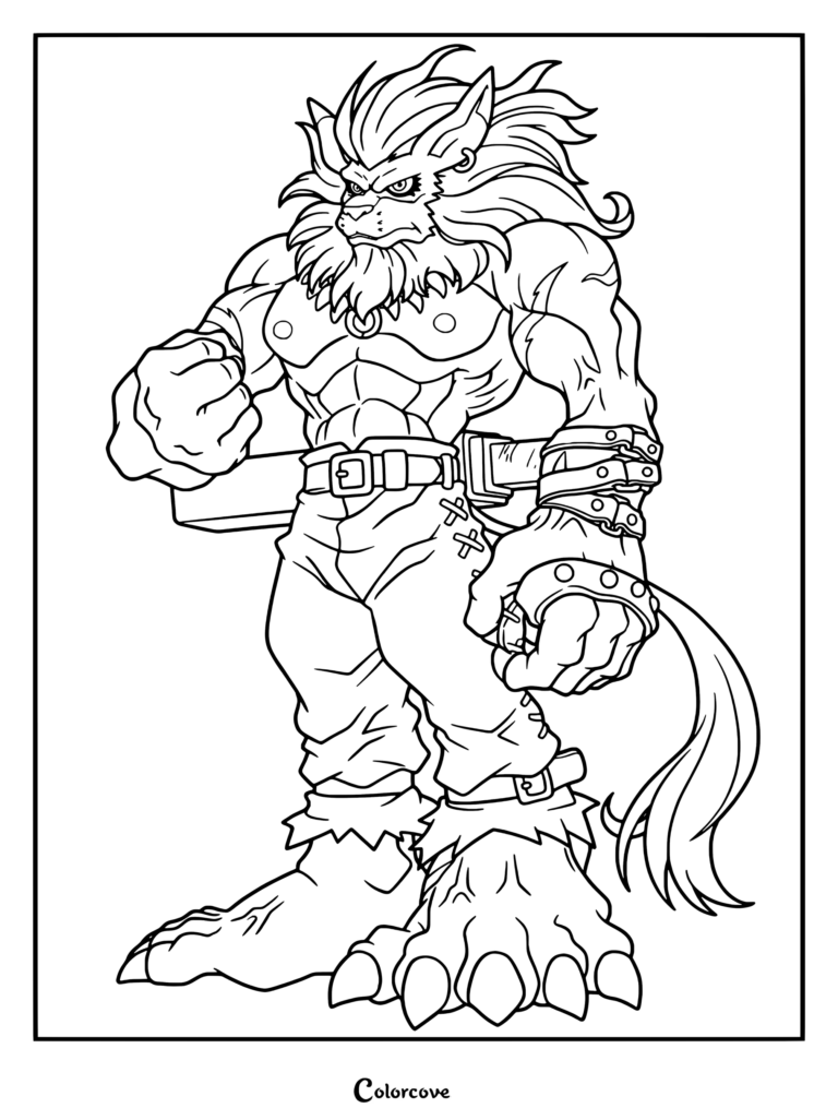 Página para colorear de Leomon de Digimon, con el musculoso Digimon león con muñequeras con púas, un cinturón pesado y una expresión fiera.