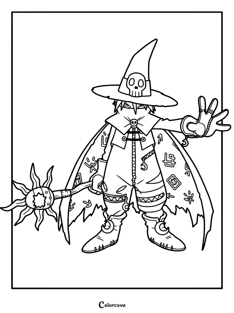 Página para colorear imprimible de Wizardmon con el mágico personaje Digimon luciendo su sombrero puntiagudo de mago y su báculo.