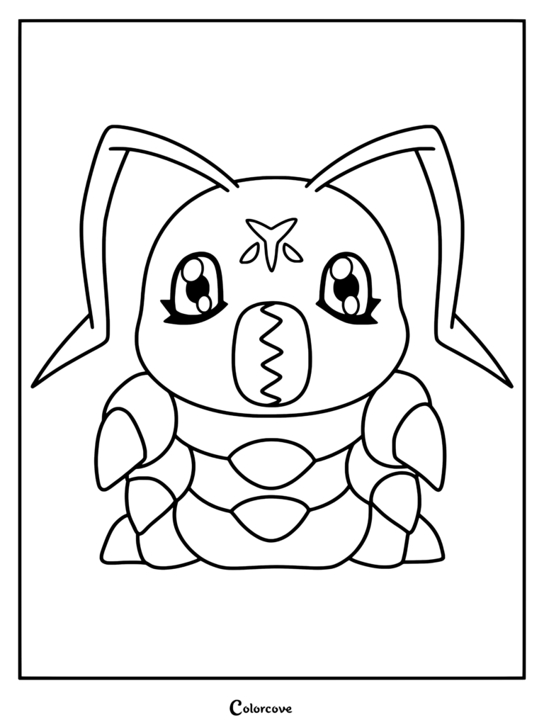 Página para colorear de Wormmon con el personaje Digimon insecto de grandes antenas y ojos amplios.