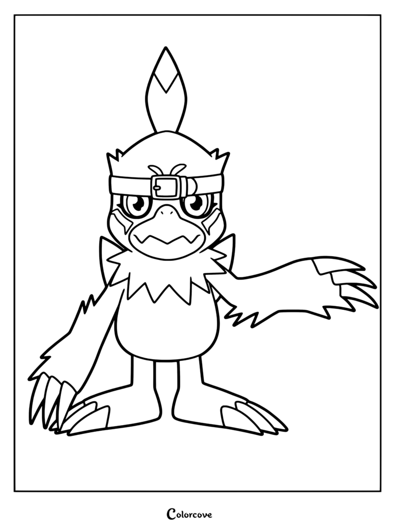 Página para colorear imprimible de Digimon con Hawkmon usando una cinta en la cabeza y de pie con los brazos extendidos.