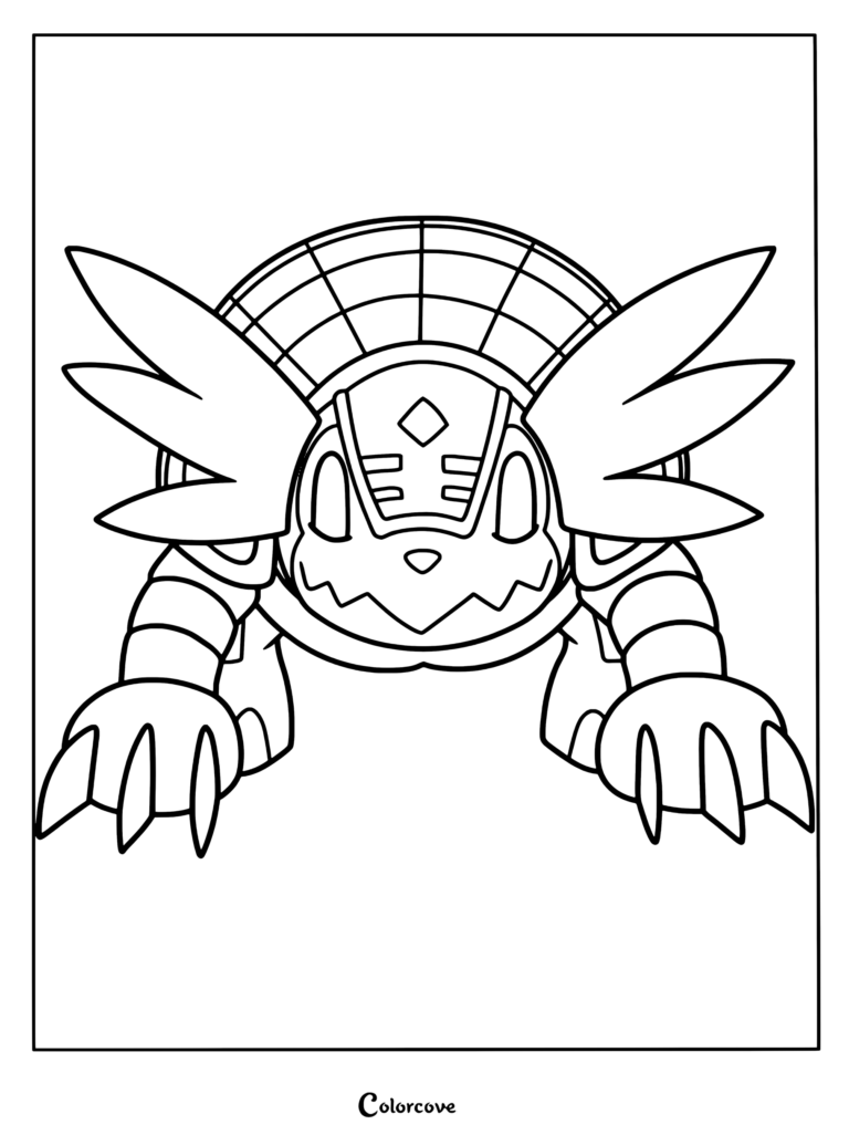 Página para colorear de Armadillomon con el personaje Digimon mostrando su caparazón y grandes garras.