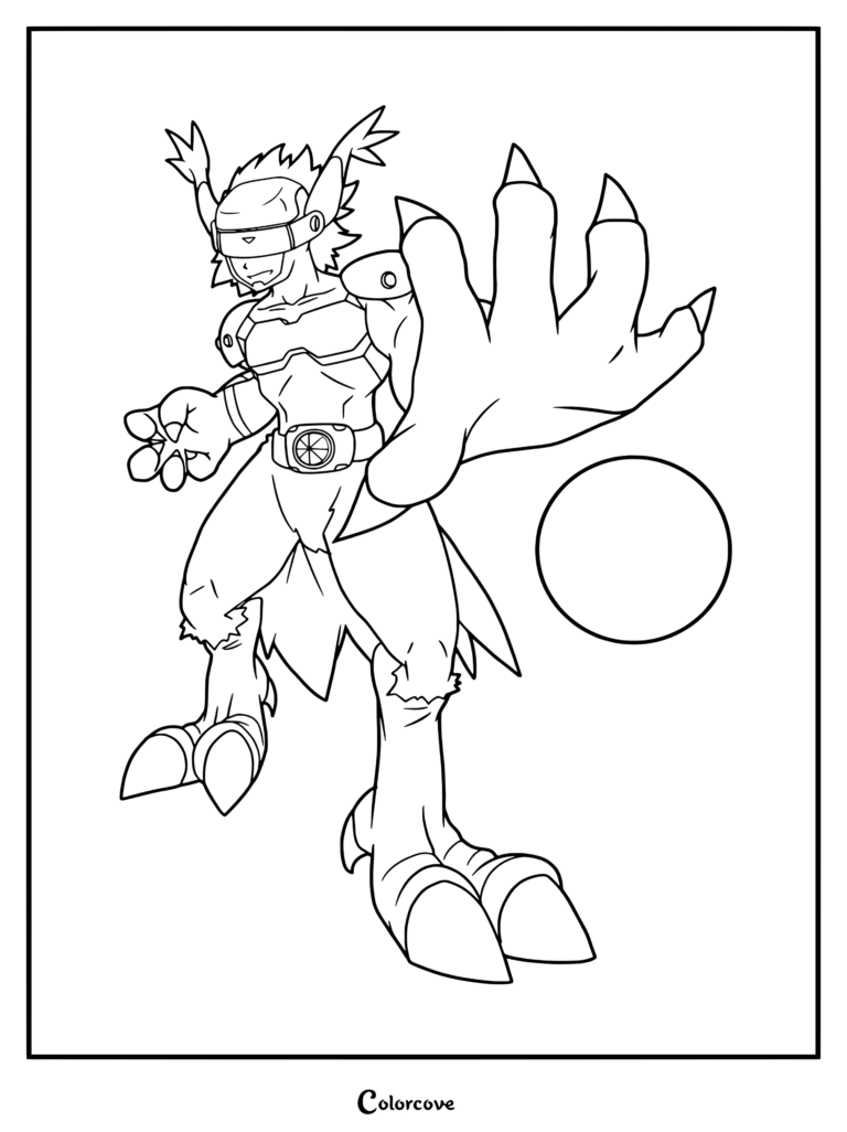 Página para colorear de Silphymon con el personaje de Digimon extendiendo su gigante mano con garras.