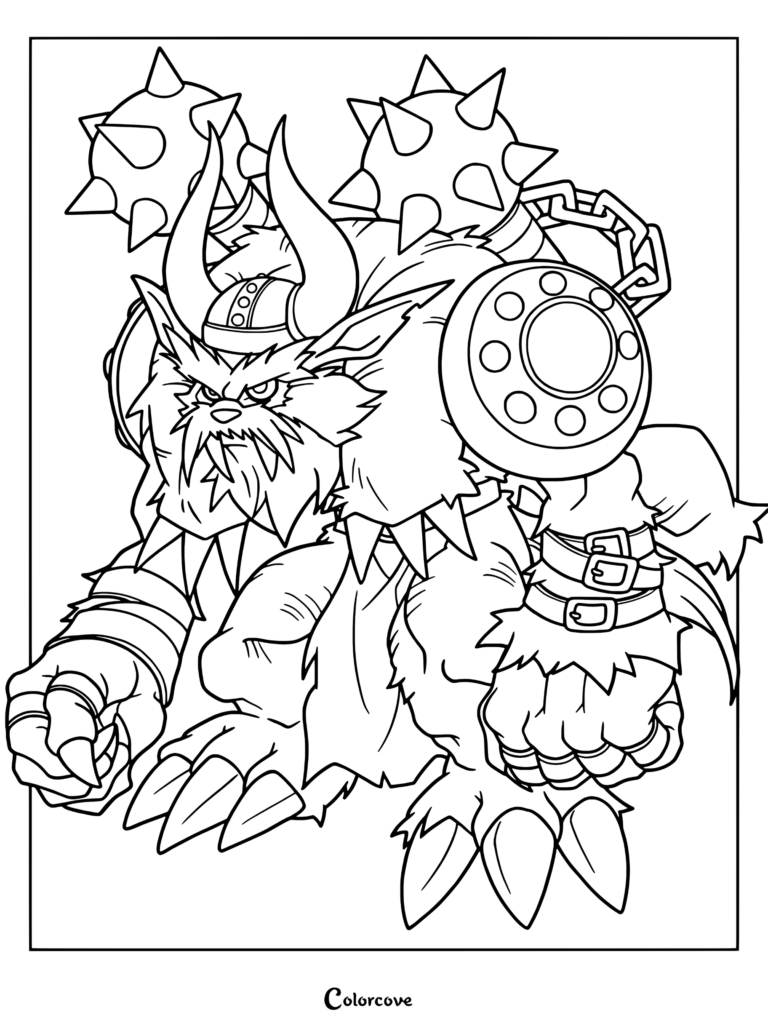 Página para colorear de Vikemon con el poderoso Digimon armado con mazas con púas y un escudo.